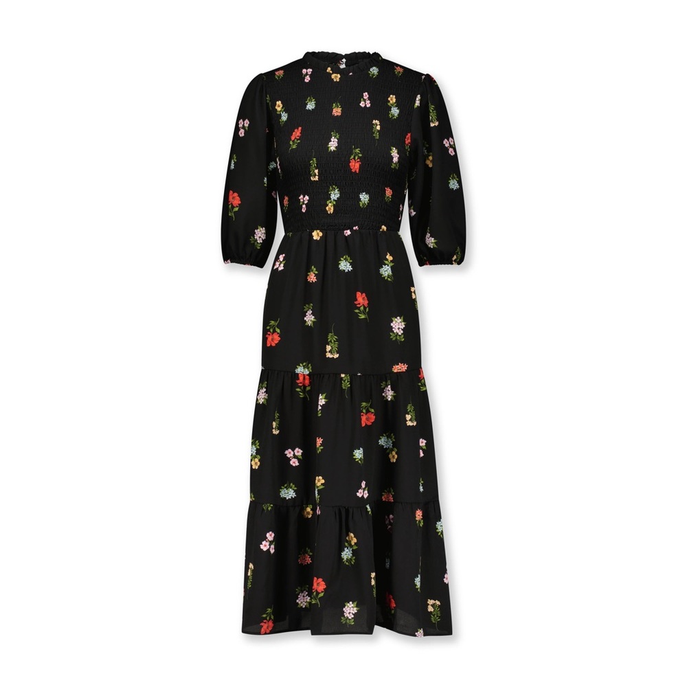 Smocked Black Midi Dress